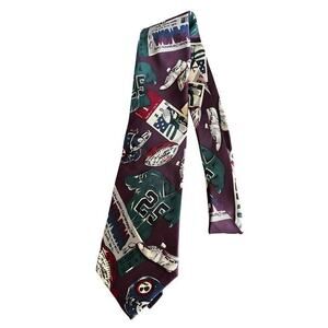 Vintage Maroon teal black print logo football themed tie silk long 46x3.75